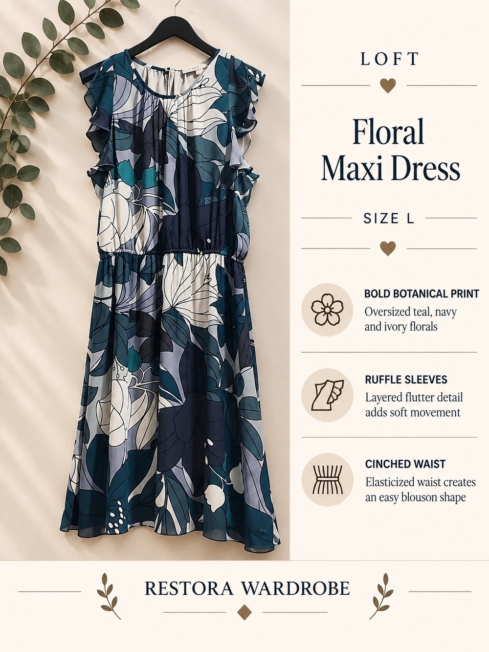 LOFT Maxi Dress Teal Floral Print Ruffle Sleeve Size L Boho